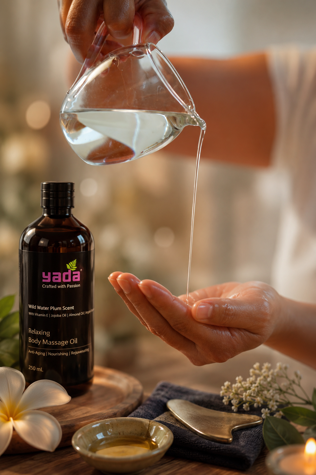 YADA body oil texture with 450ml bottle